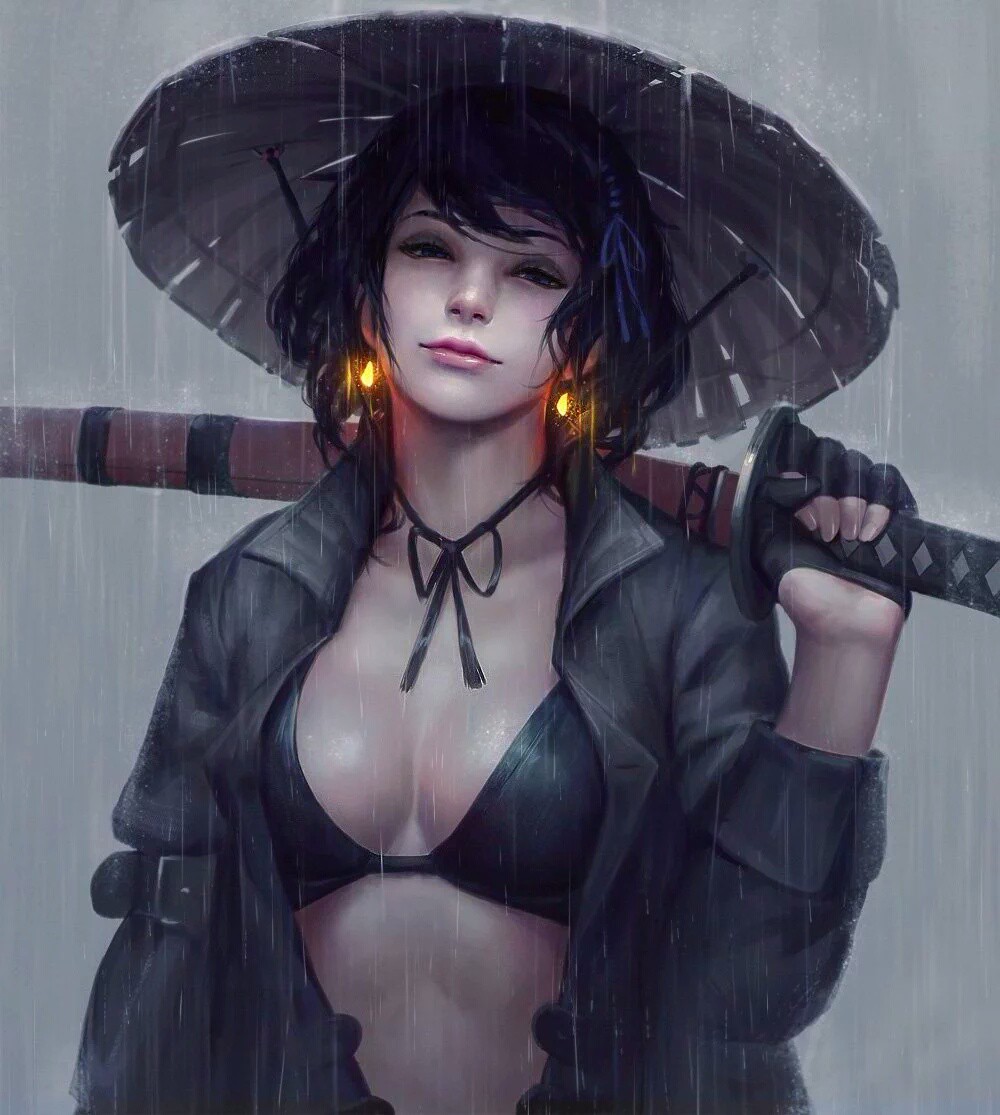 1000x1115, 183 Kb / катана, лифчик, дождь
