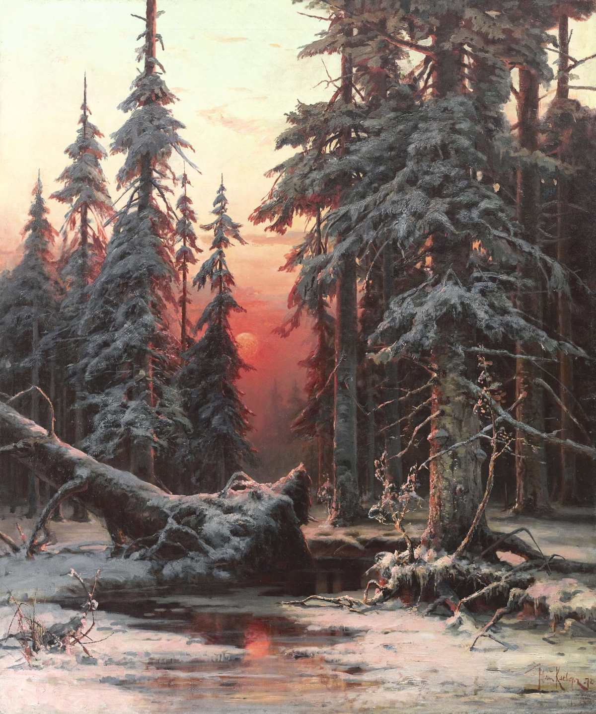 1200x1437, 225 Kb / сосны, закат, снег, река, картина