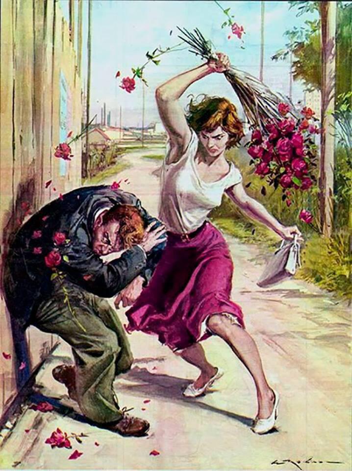 718x960, 116 Kb / 8 марта, букет, избивание, Walter Molino, рисунок, цветы, забор, сумочка