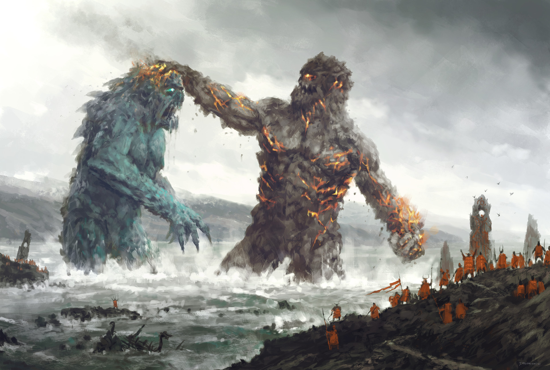 1920x1291, 540 Kb / драка, великаны, бой, море, стихия