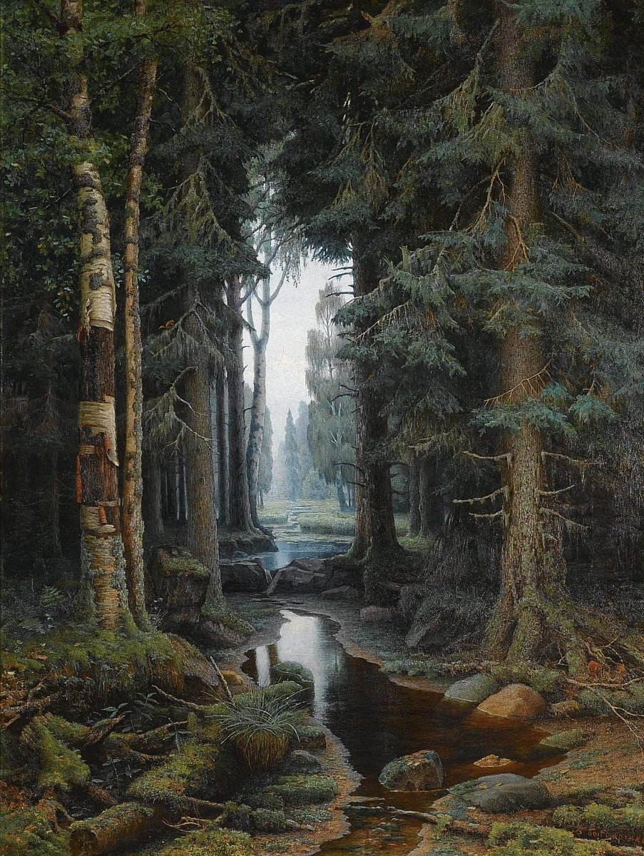 903x1200, 359 Kb / лес, деревья, сосны, речка, камни, картина