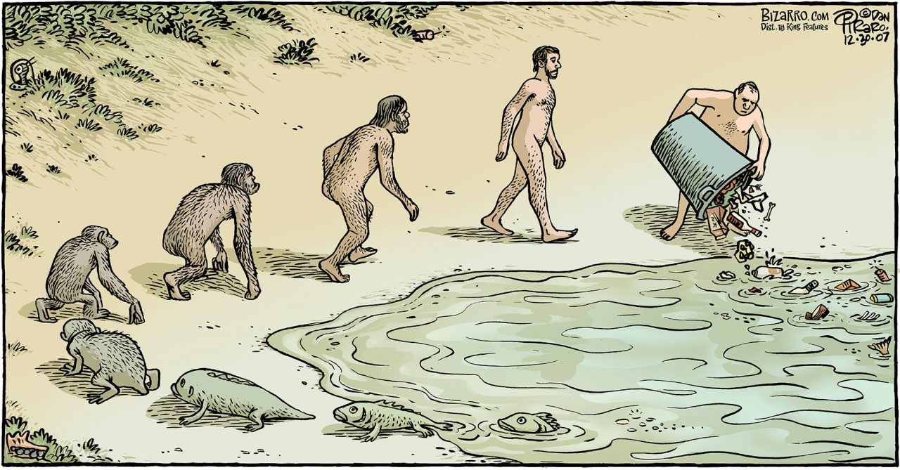 1280x669, 193 Kb / эволюция, человек, мусор, рисунок, Bizarro