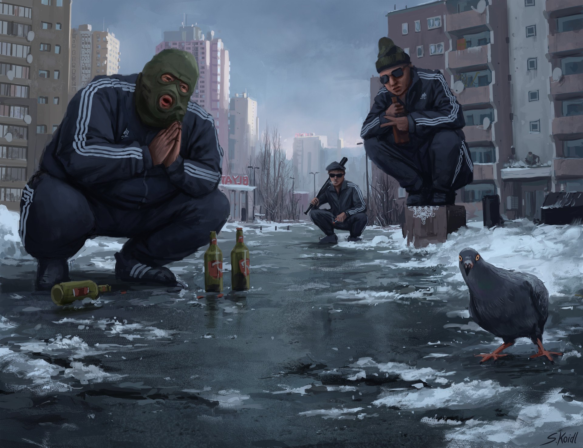 1920x1477, 491 Kb / гопники, адидас, зима, бутылки, пиво, бита, очки, балаклава, спальник, голубь, Stefan Koidl