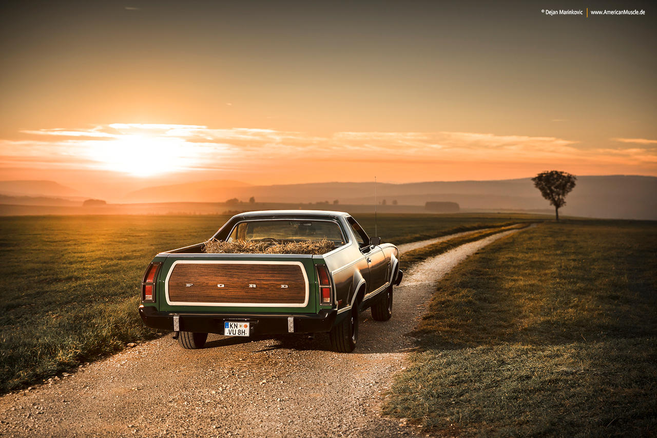 1280x854, 199 Kb / 1978 Ford Ranchero Country Squire, AmericanMuscle, Dejan Marinkovic, форд, пикап, авто, закат, дорога, сено, холмы, дымка