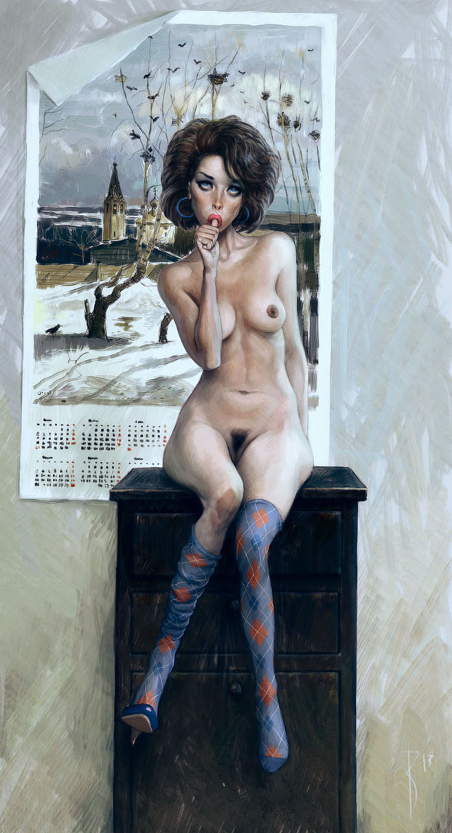 658x1213, 172 Kb / девка, календарь, чулки, палец, рисунок, Waldemar-Kazak