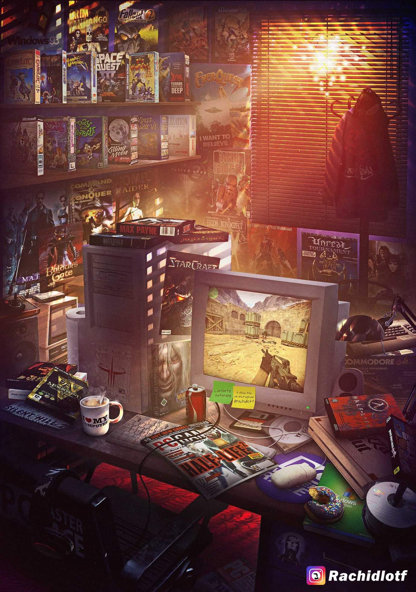 1379x1960, 357 Kb / монитор, диски, игра, кофе, кружка, вешалка, half life, матрица, Quake, UT, пончик, банка, Варкрафт