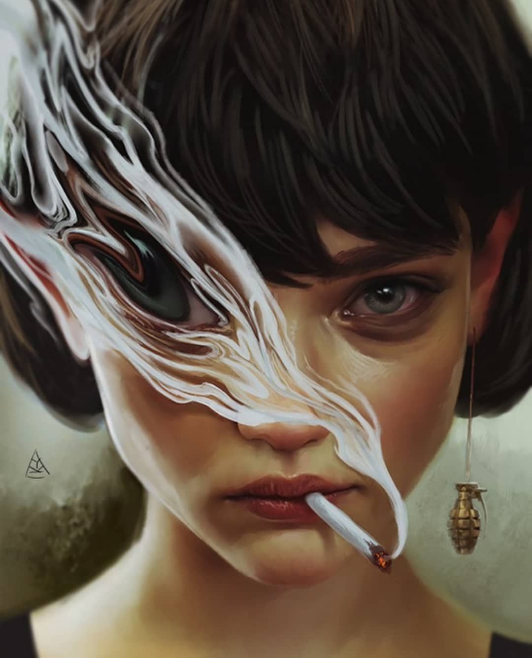 1080x1334, 77 Kb / дым, сигарета, косяк, марихуана, конопля, наркотик, серьга, граната, ф-1, лимонка, рисунок
