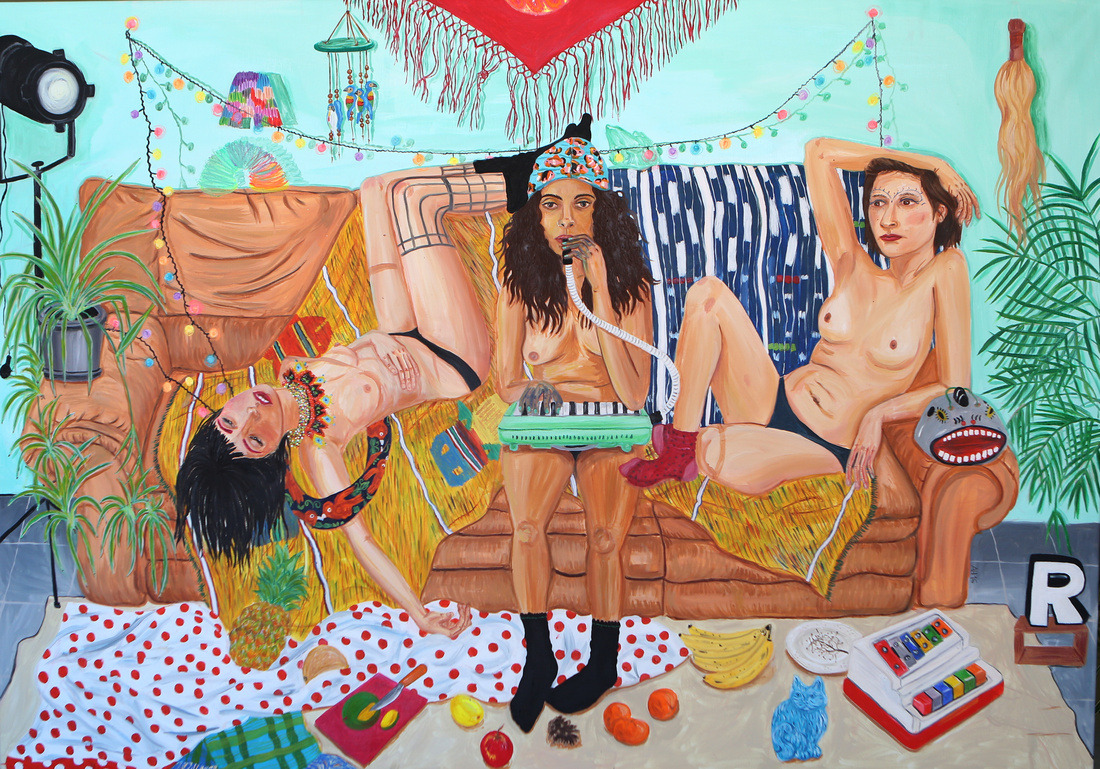 1100x769, 520 Kb / девки, диван, бардак, рисунок, Alejandra Hernandez, Las tres gracias