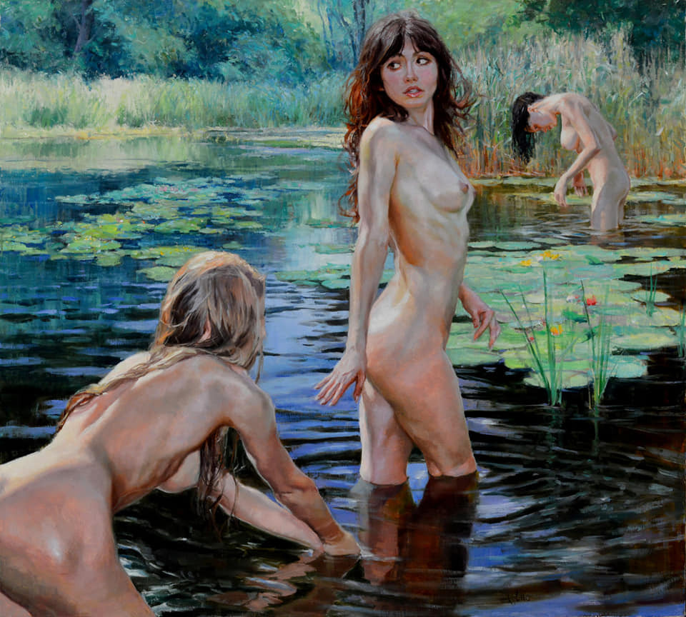 960x864, 211 Kb / девки, пруд, кувшинки, купальщицы, рисунок