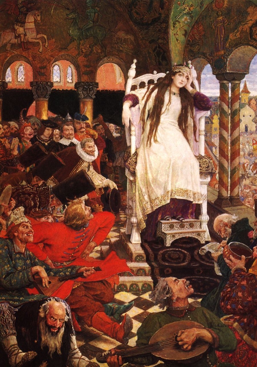898x1280, 229 Kb / женщина, царевна, шуты, челядь, скука, трон, картина, Pana