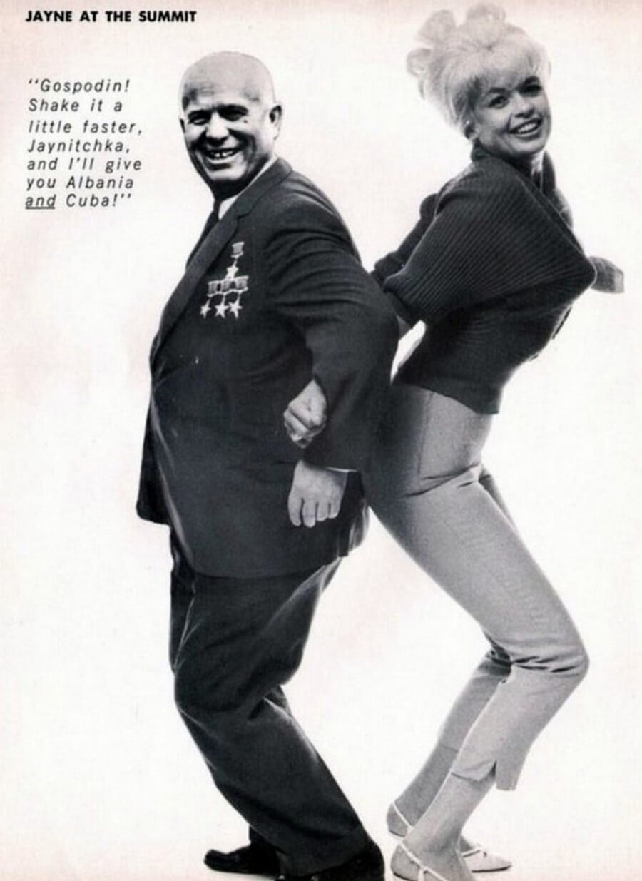 900x1235, 90 Kb / США, плакат, реклама, выборы, агитация, Хрущев, ч/б, Jayne Mansfield, Джейн Мэнсфилд