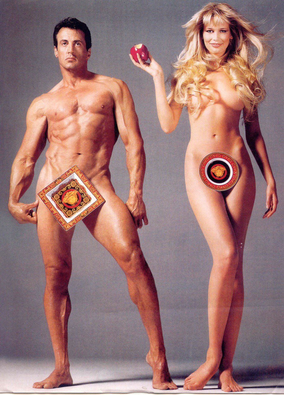 921x1280, 315 Kb / Claudia Schiffer, Sylvester Stallone, яблоко, сталлоне, шиффер, Versace