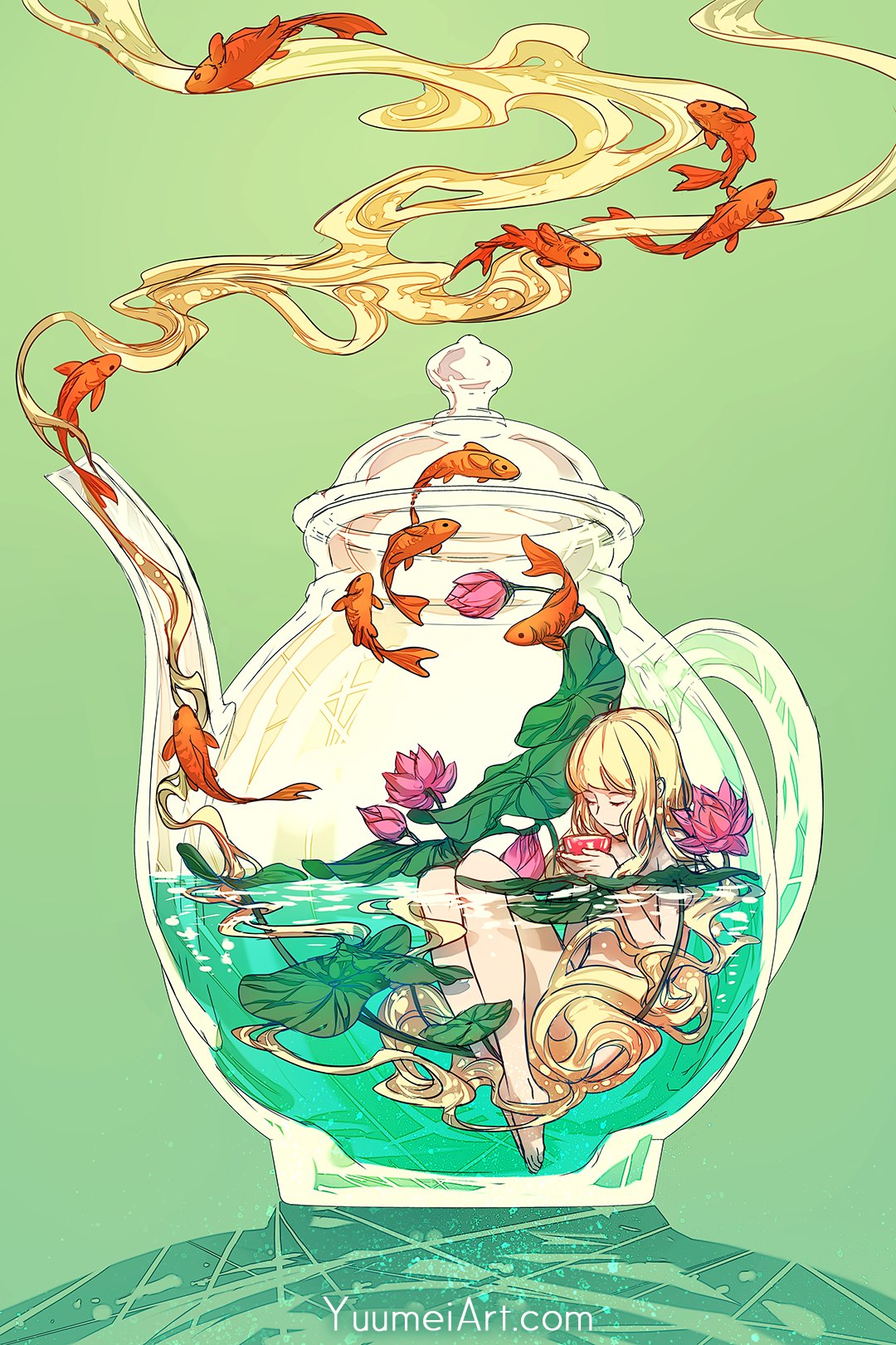 1080x1620, 398 Kb / Yuumei, чайник, вода, рыбки, чай, чашка, лилии