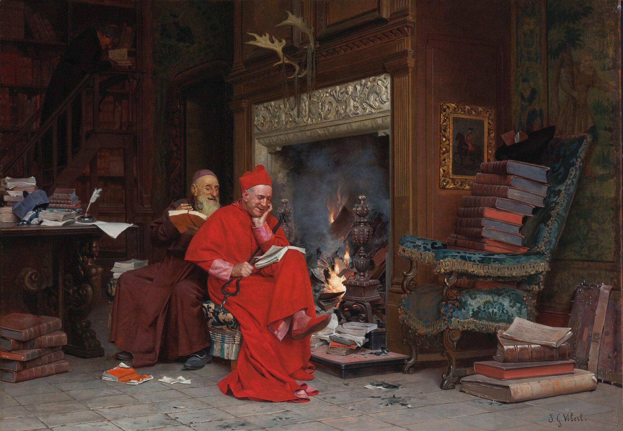 2000x1384, 406 Kb / Вибер, Жан Жорж, картина, рисунок, книги, камин, сожжение