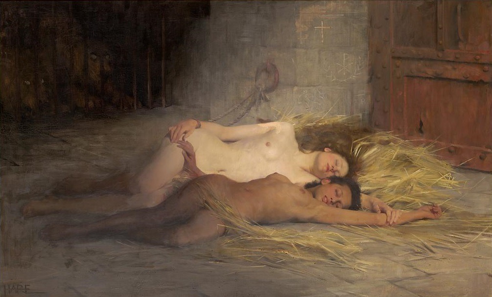 1005x607, 137 Kb / девки, спят, солома, клетка, звери, рисунок