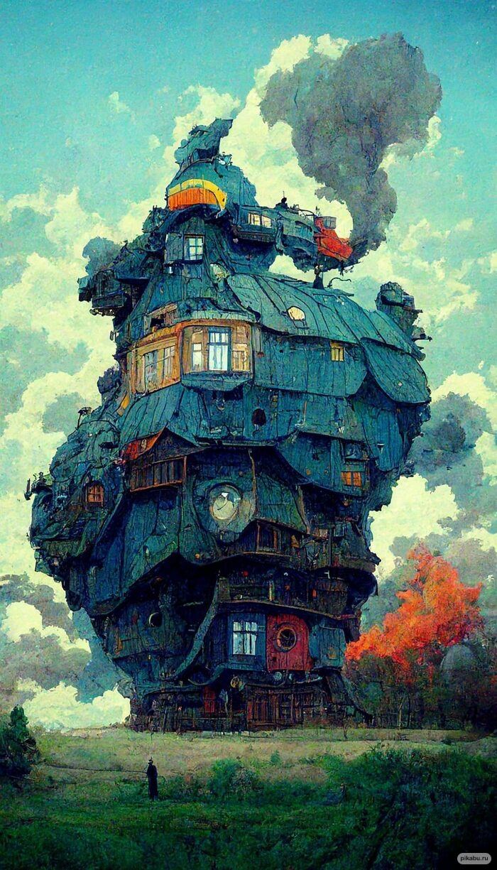 700x1225, 202 Kb / дом, Миядзаки, поле, ходячий замок