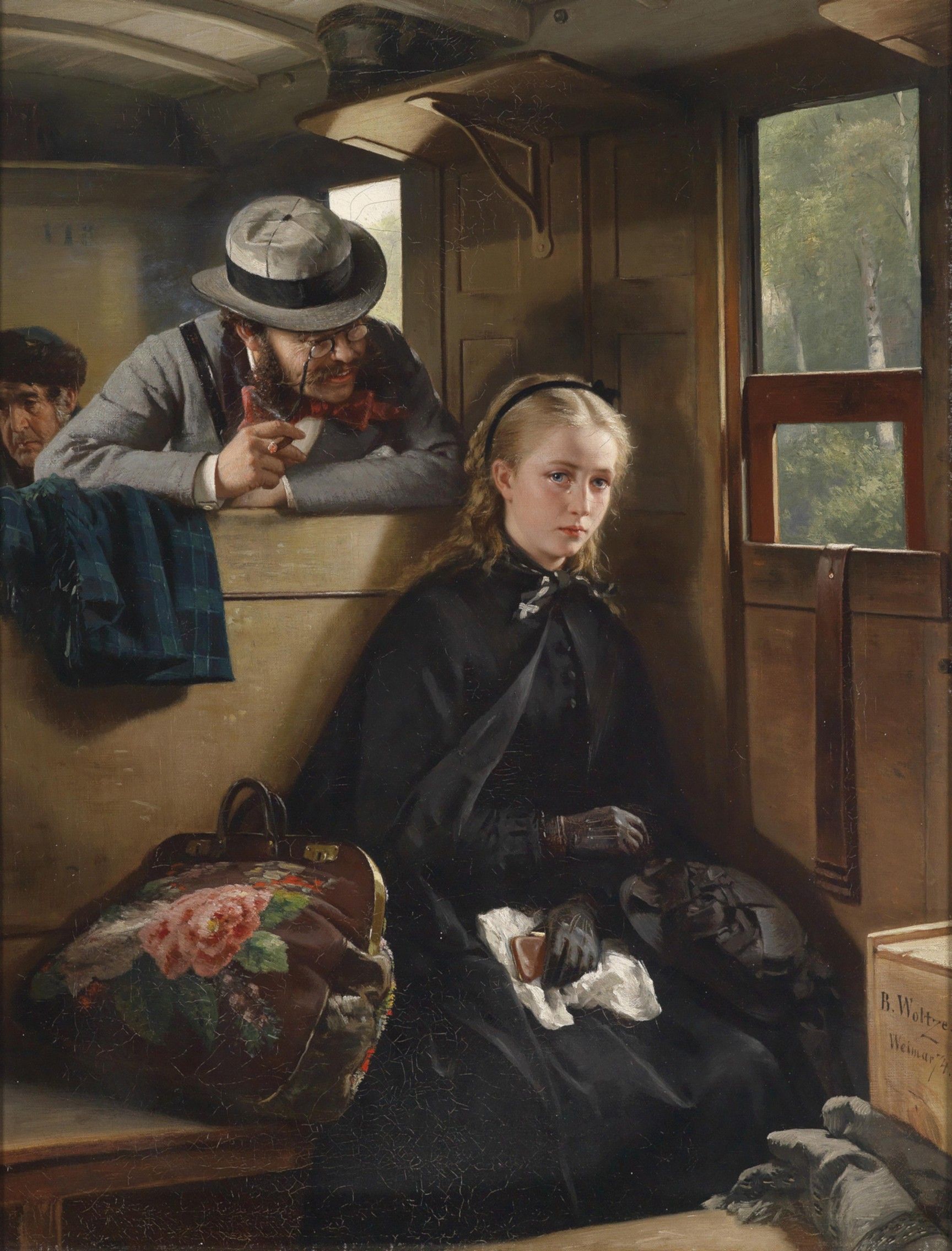 1728x2272, 478 Kb / Berthold Woltze, Бертольд Вольц, Раздражающий господин, 1874, картина, девушка, блондинка, слеза, перчатки, пенсне, шляпа, сумка, багаж