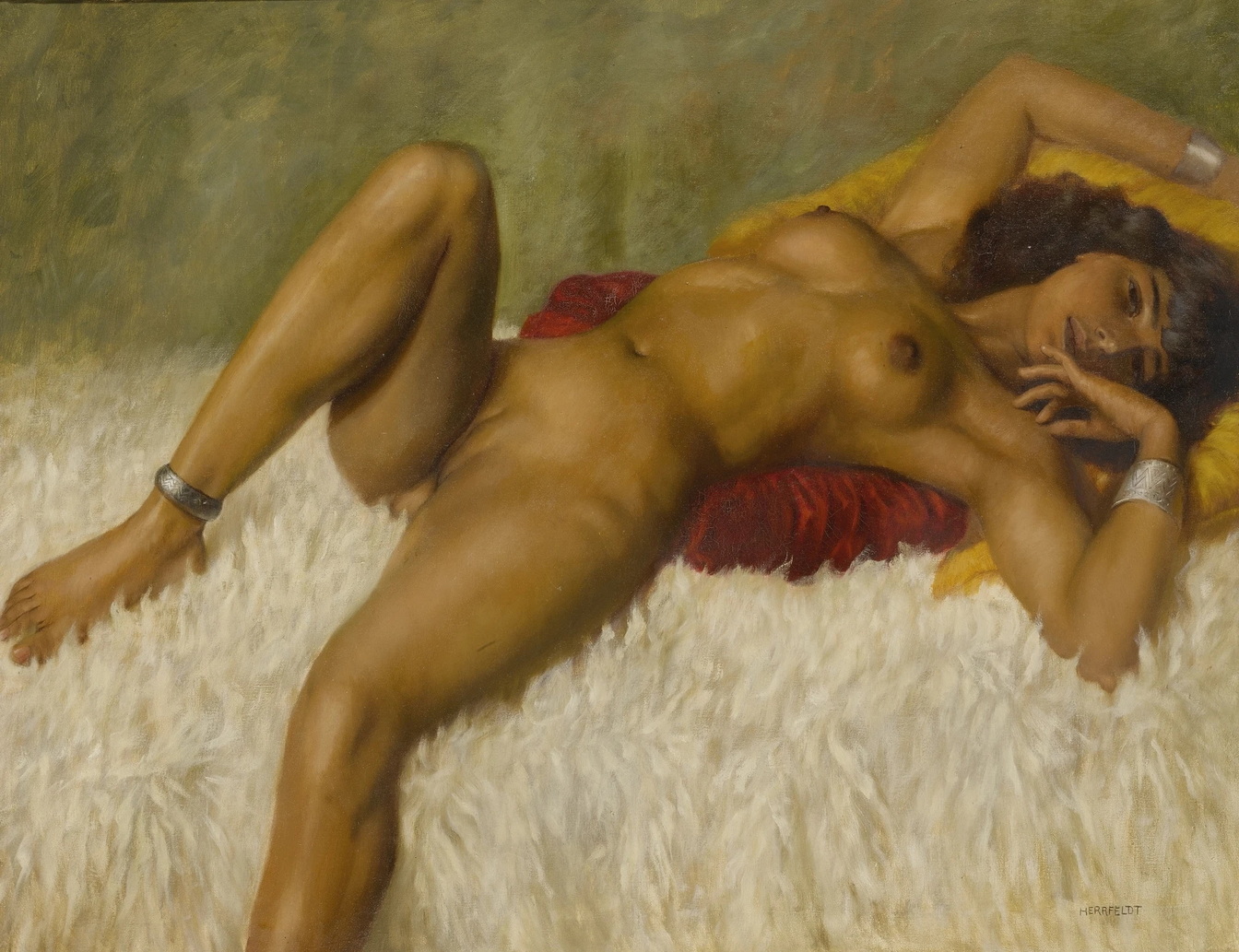1344x1033, 460 Kb / Марсель Рене Херрфельд, Marcel Rene Herrfeldt, erotic images of women , Лежащая обнаженная на ковре, браслеты, мех, шкура, подушка, картина