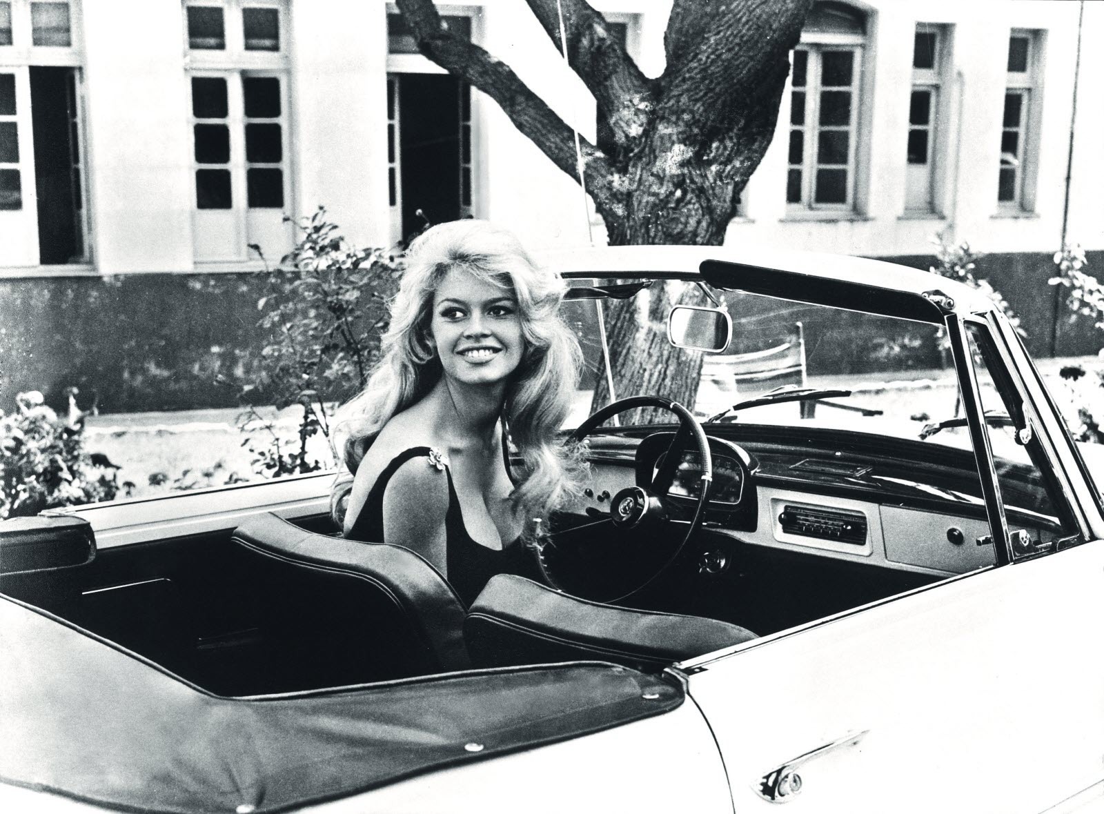 1600x1180, 443 Kb / Брижит Бардо, Brigitte Bardot, автомобиль, кабриолет, дерево, локоны