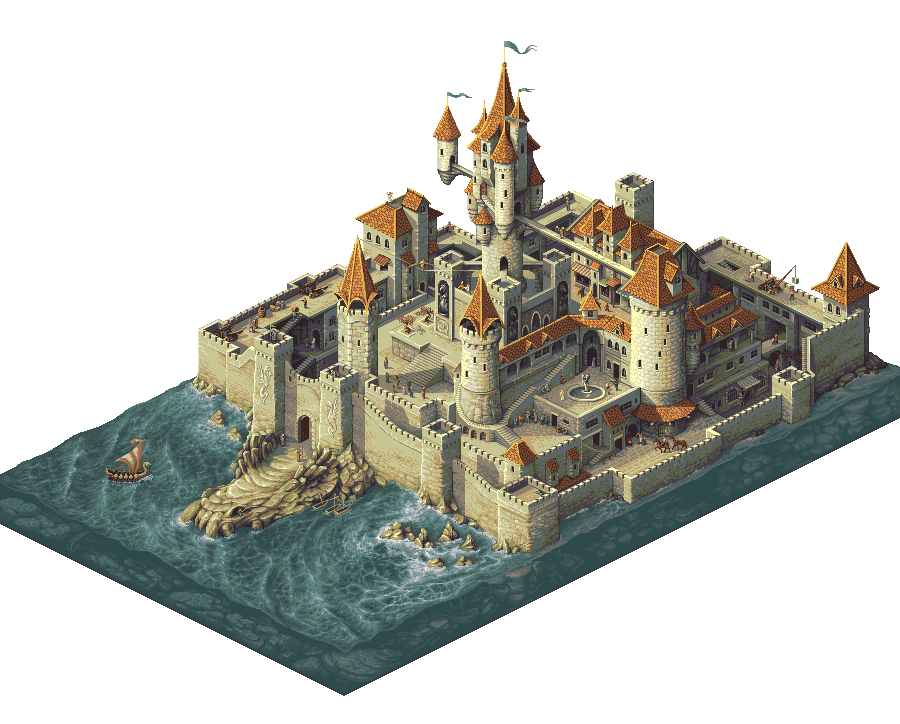 900x724, 199 Kb / pixel, пиксель, Юрий Гусев, замок, море, картинка, красота, изометрия