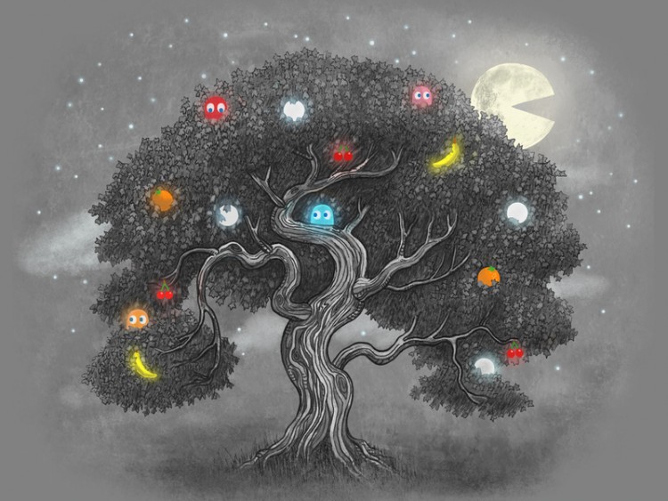 750x563, 101 Kb / дерево, луна, pacman, пакман