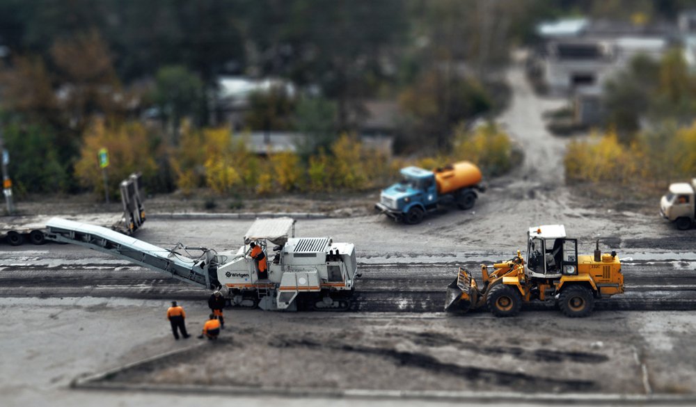 1000x585, 93 Kb / Фото, tilt-shift, асфальт, техника, рабочие