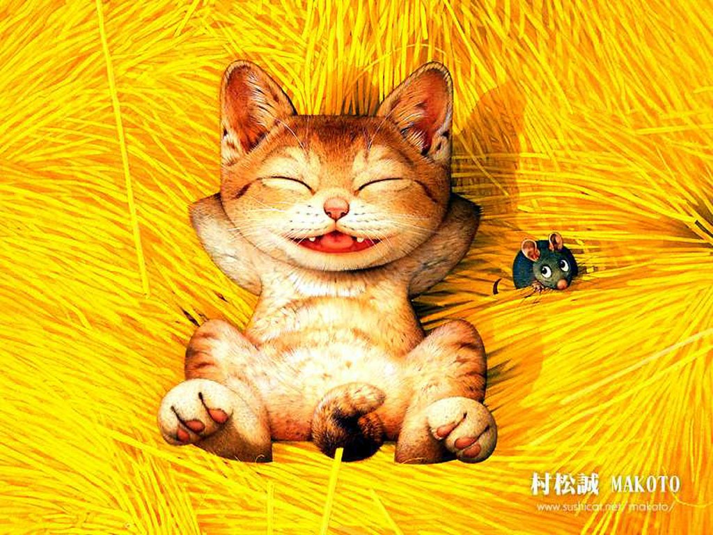 1024x768, 223 Kb / рыжий, кот, хвост, мышь, солома, жёлтый