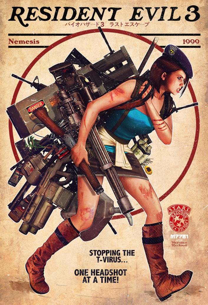 706x1032, 298 Kb / resident, evil, 3, 1999, гора, оружие, пистолет, автомат, базука, ружьё, винтовка, БФГ, гранатомёт, обрез, карабин, сапоги, круг, полосочки, девушка, берет