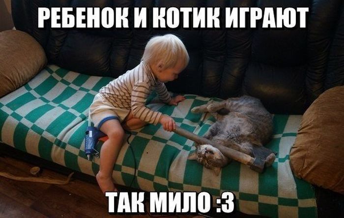700x443, 54 Kb / топор, кот, ребенок, постель