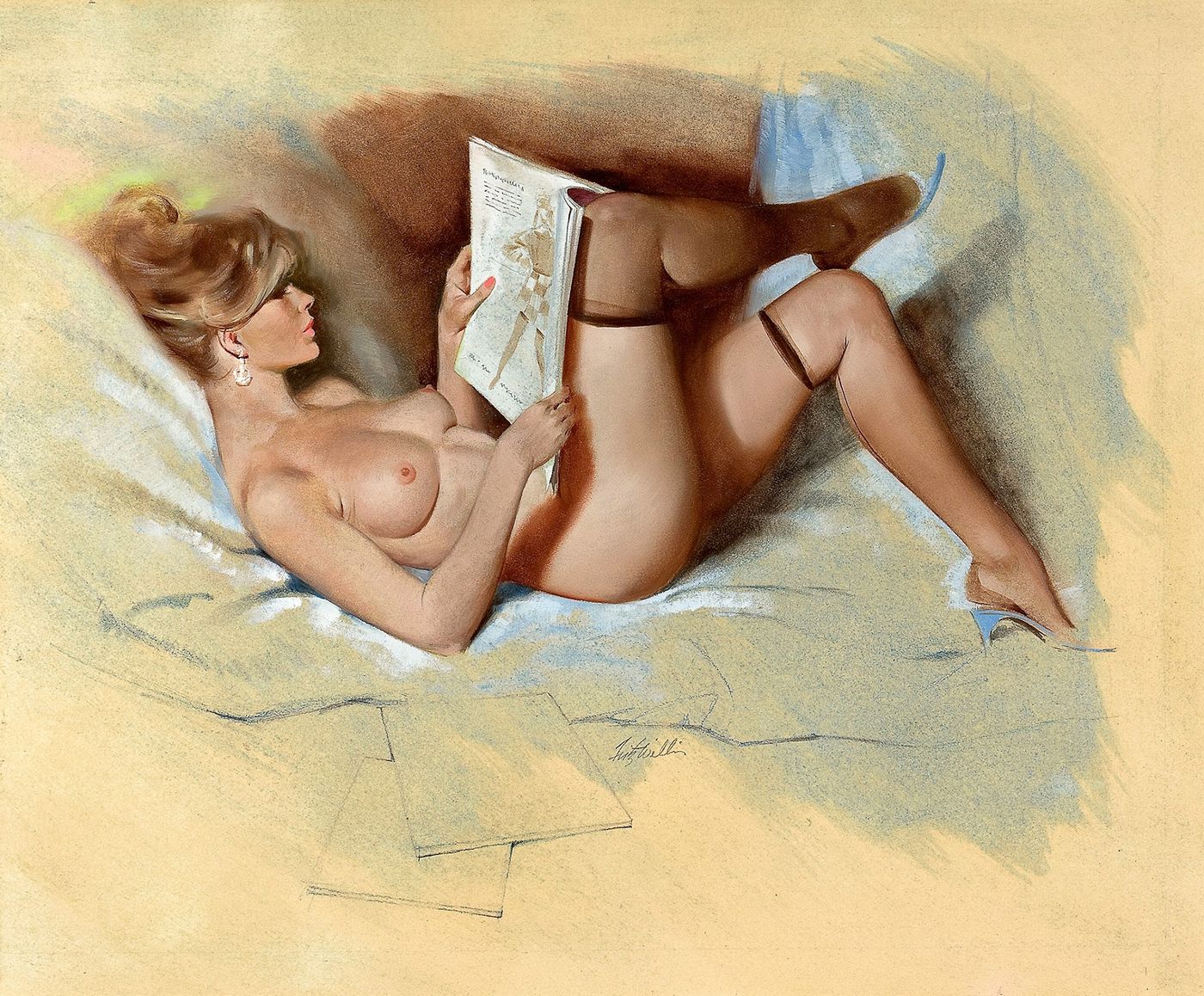 1400x1158, 370 Kb / рисунок, газета, лежит, читает, сиськи, пинап