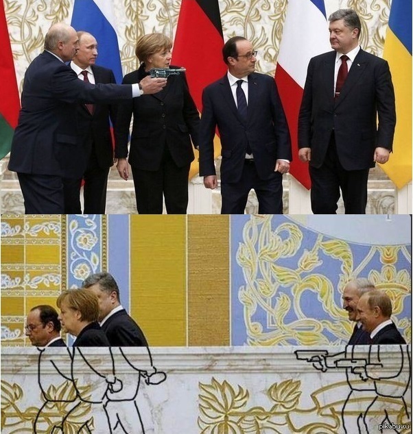 602x634, 146 Kb / минские соглашения, батька, пистолет, порошенко, путин, меркель, олланд