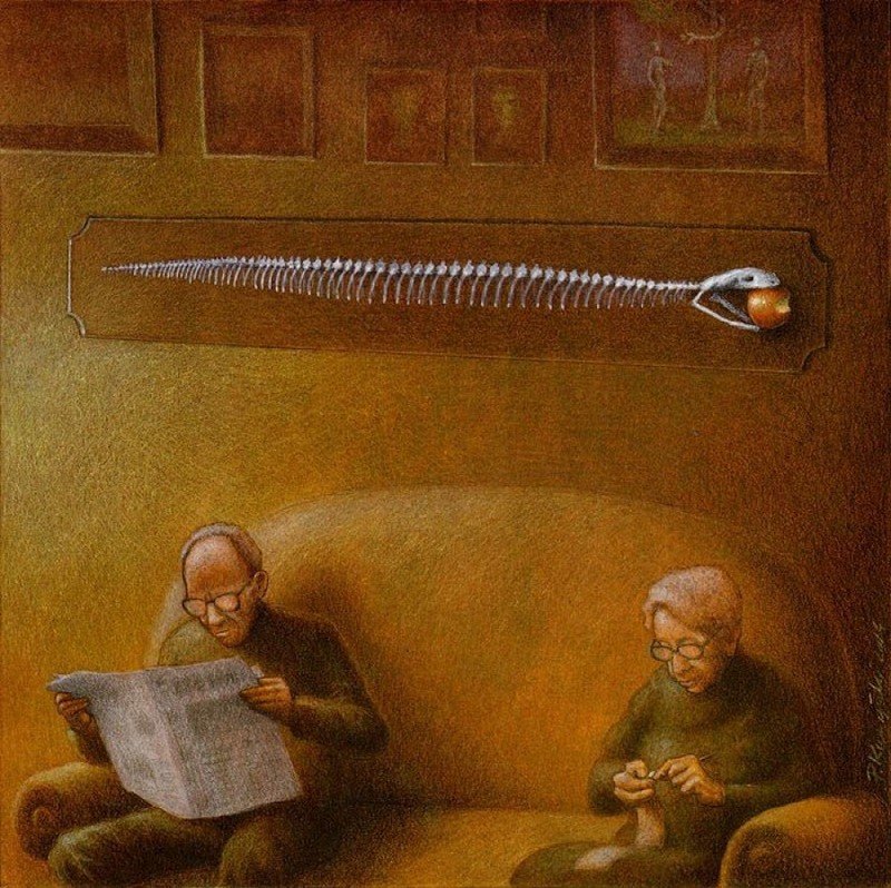 800x798, 178 Kb / скелет, змея, рисунок, яблоко, газета, очки