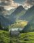 Дом, горы, долина, коровы, озеро, лес, Switzerland, Швейцария, облака