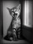 котенок, подоконник , окно, ч/б